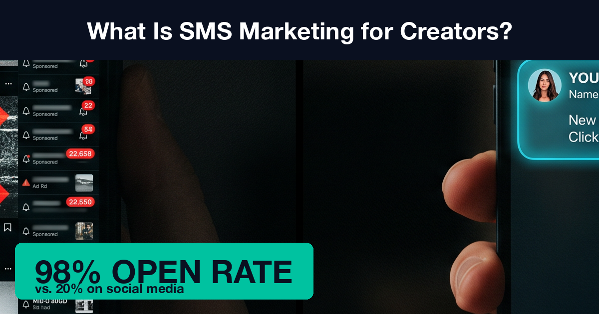 Split-screen comparison: chaotic social media algorithm vs clean direct SMS message